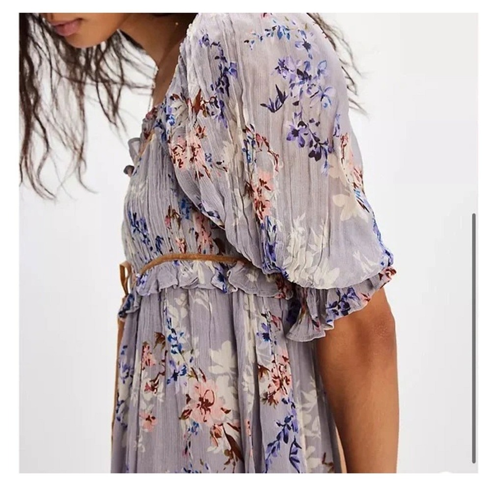 New Free People Floral Babydoll Mini Dress Women S Lavender Gray Puff Sleeve NWT - Picture 9 of 11